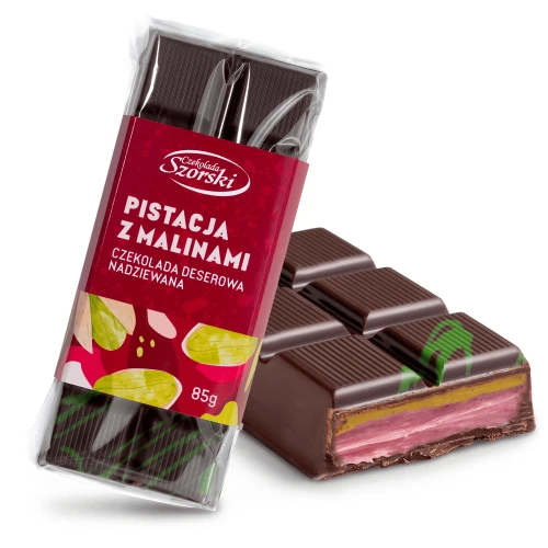 Czekolada nadziewana - pistacja  z malinami