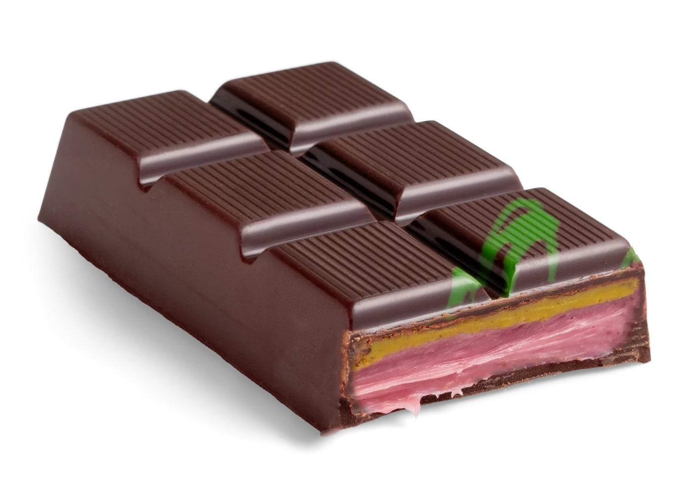 Przekrój czekolady nadziewanej - pistacja i malina